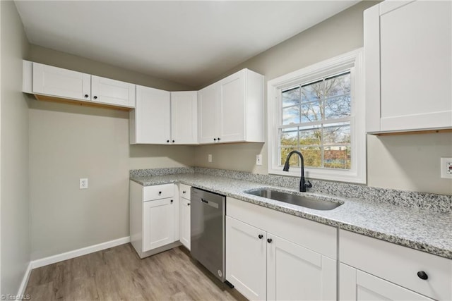 kitchen with dishwasher, light stone countertops, sink, and white cabinets