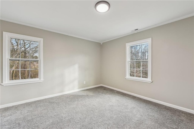 carpeted empty room featuring crown molding