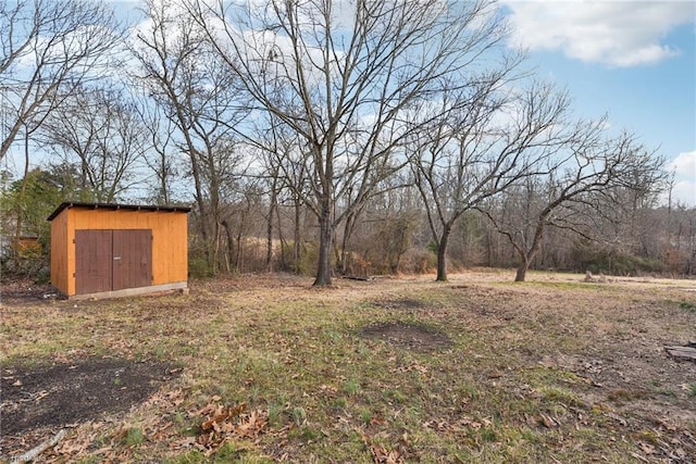 view of yard featuring a storage shed