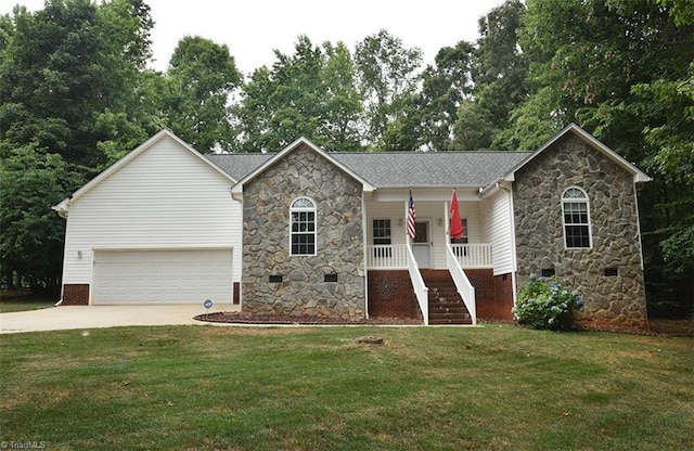 single story home featuring a porch, crawl space, a garage, driveway, and a front lawn