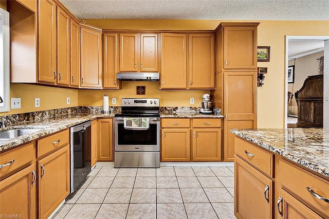 kitchen featuring a textured ceiling, light stone counters, under cabinet range hood, stainless steel electric range, and dishwasher