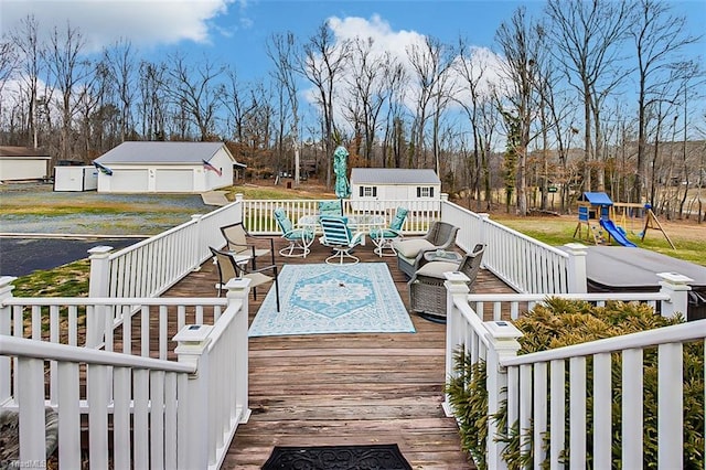 wooden deck with a playground and an outdoor structure