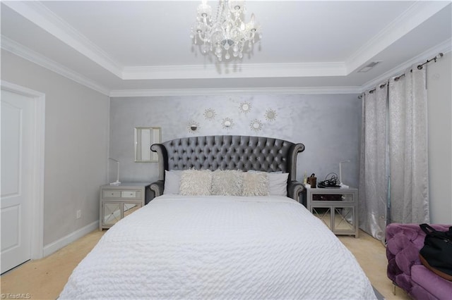 carpeted bedroom featuring a chandelier, a tray ceiling, and crown molding