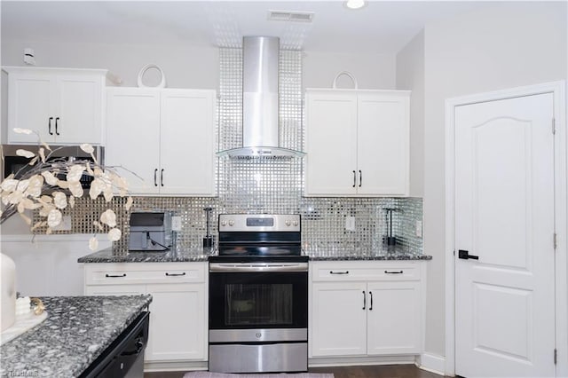 kitchen featuring white cabinets, electric range, and wall chimney exhaust hood