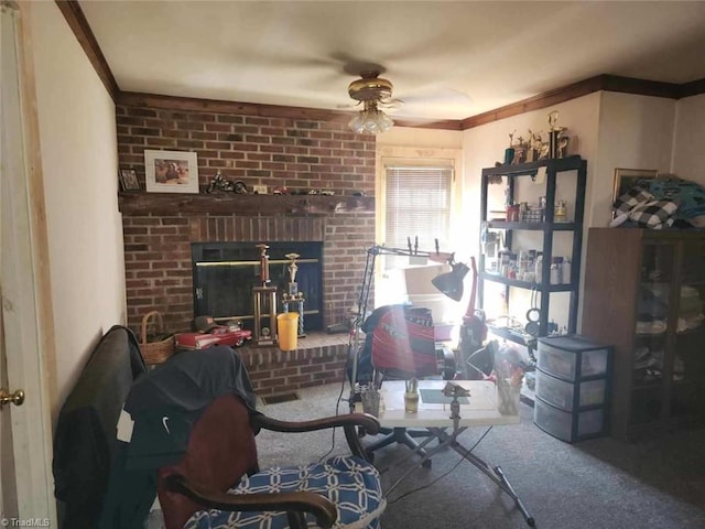 living area with carpet floors, a brick fireplace, a ceiling fan, and ornamental molding