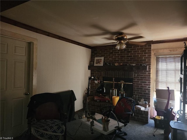 living room with a fireplace, a ceiling fan, and carpet