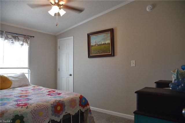 621 Southern Rd, King, NC 27021 - bedroom with carpet flooring, a textured ceiling, crown molding, and a ceiling fan