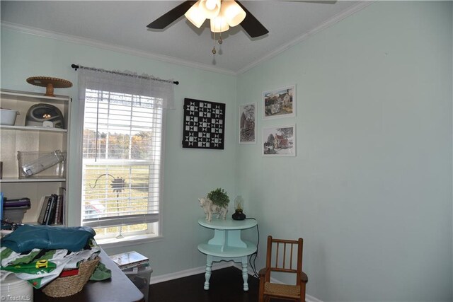 621 Southern Rd, King, NC 27021 - sitting room featuring ornamental molding, ceiling fan, and dark wood-style floors
