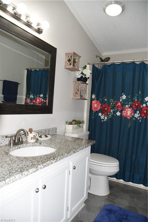 621 Southern Rd, King, NC 27021 - bathroom featuring vanity, ornamental molding, curtained shower, a textured ceiling, and lofted ceiling