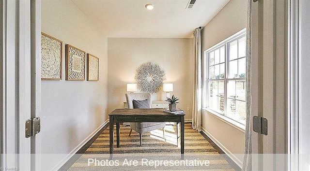 office area with dark hardwood / wood-style floors