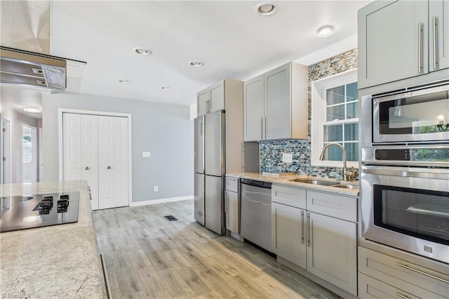 3640 Wyandotte Ave, Winston-Salem, NC 27127 - kitchen featuring stainless steel appliances, tasteful backsplash, light wood-style flooring, gray cabinets, and recessed lighting