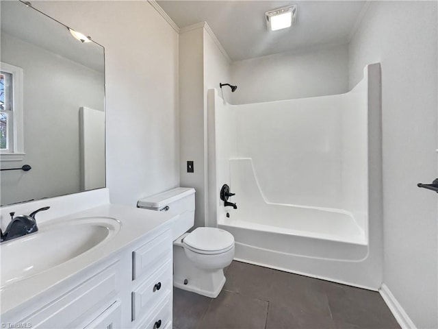 bathroom with toilet, tile patterned flooring, bathing tub / shower combination, and vanity