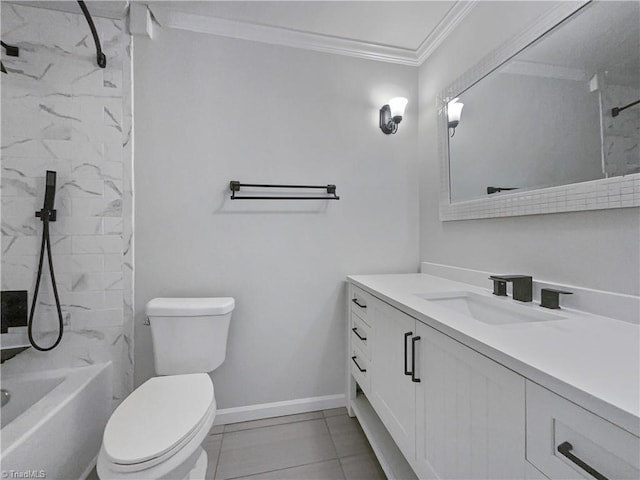 bathroom with toilet, vanity, baseboards,  shower combination, and crown molding