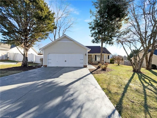 ranch-style home featuring a garage, concrete driveway, fence, and a front lawn