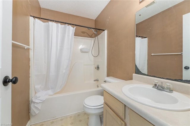 full bathroom featuring vanity, toilet, a textured ceiling, and shower / tub combo with curtain