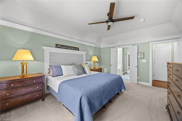 8483 Austin Hill Ln, Tobaccoville, NC 27050 - carpeted bedroom with ceiling fan, a raised ceiling, and crown molding