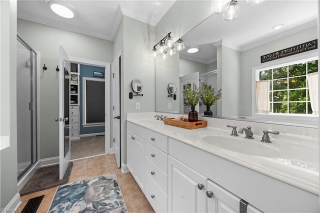 8483 Austin Hill Ln, Tobaccoville, NC 27050 - bathroom with ornamental molding, double vanity, a stall shower, and tile patterned flooring