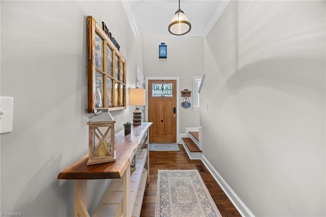 8483 Austin Hill Ln, Tobaccoville, NC 27050 - doorway with dark wood-type flooring and crown molding