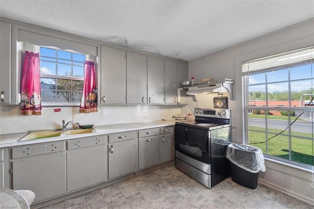 kitchen featuring a healthy amount of sunlight, custom range hood, stainless steel range with electric cooktop, and sink