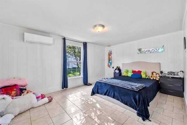 tiled bedroom with an AC wall unit