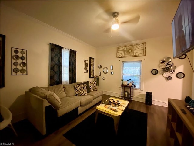 1415 E 4th St, Winston-Salem, NC 27101 - living area featuring wood finished floors, crown molding, and ceiling fan