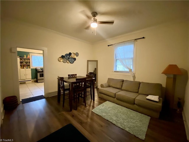 1415 E 4th St, Winston-Salem, NC 27101 - living area with crown molding, a ceiling fan, and wood finished floors