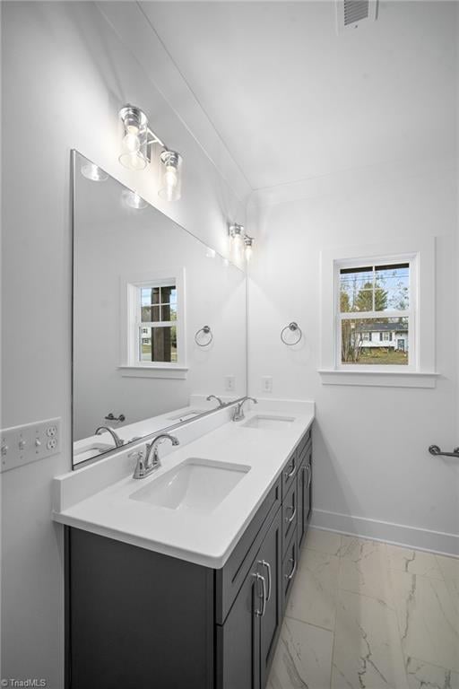 bathroom with vanity and crown molding