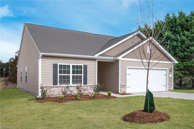 1047 Russell Dr, Winston-Salem, NC 27127 - craftsman-style house with stone siding, an attached garage, a front lawn, and concrete driveway