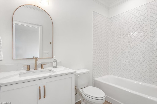 full bath featuring crown molding, vanity, toilet, and shower / bathtub combination