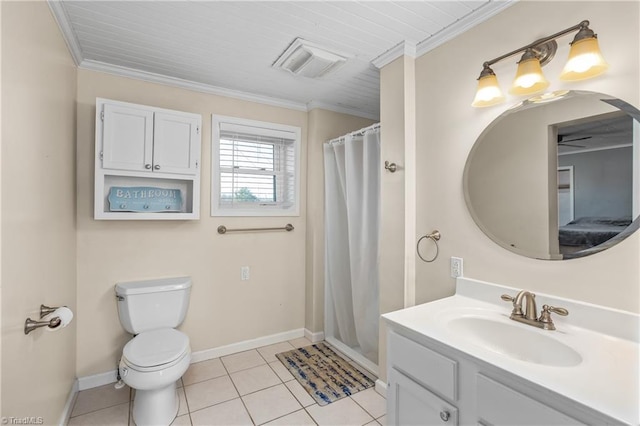 full bath featuring visible vents, toilet, crown molding, tile patterned flooring, and vanity