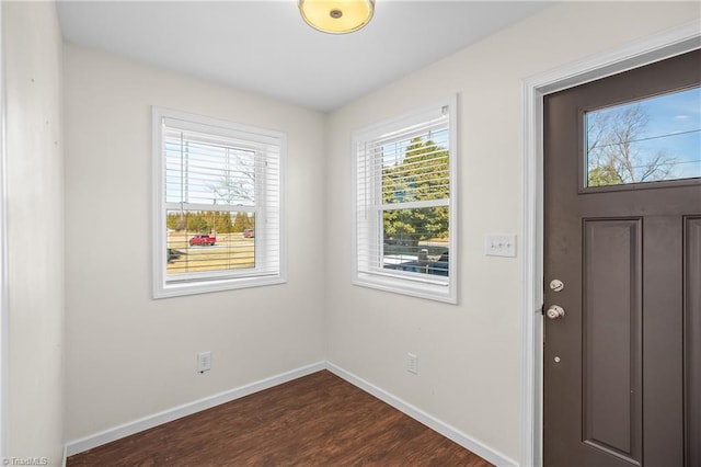 entryway featuring a wealth of natural light, baseboards, and dark wood finished floors