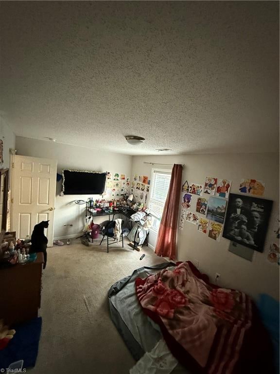 bedroom with carpet flooring and a textured ceiling