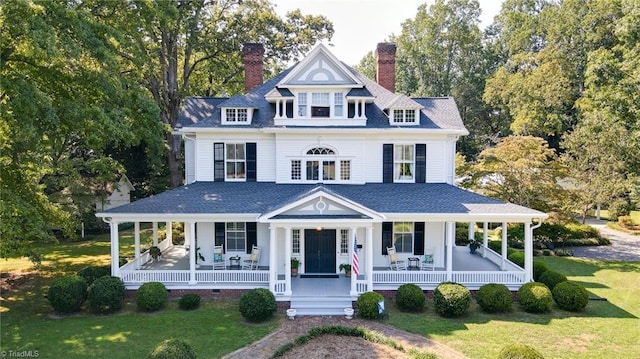 view of front facade featuring covered porch, a shingled roof, crawl space, a chimney, and a front yard