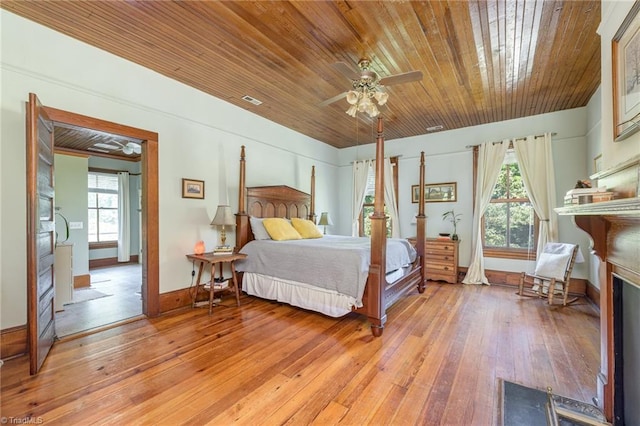 bedroom with ceiling fan, hardwood / wood-style flooring, and wooden ceiling