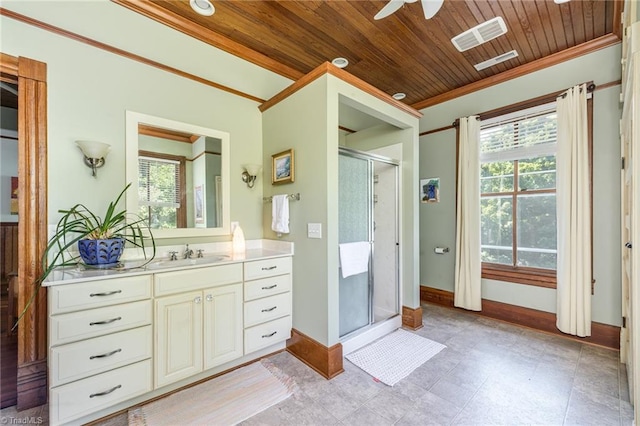 bathroom with a shower with shower door, ceiling fan, wood ceiling, and vanity