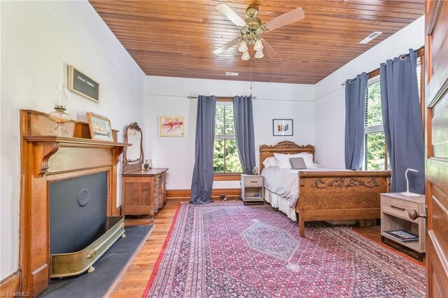 bedroom featuring wood ceiling, hardwood / wood-style flooring, and ceiling fan