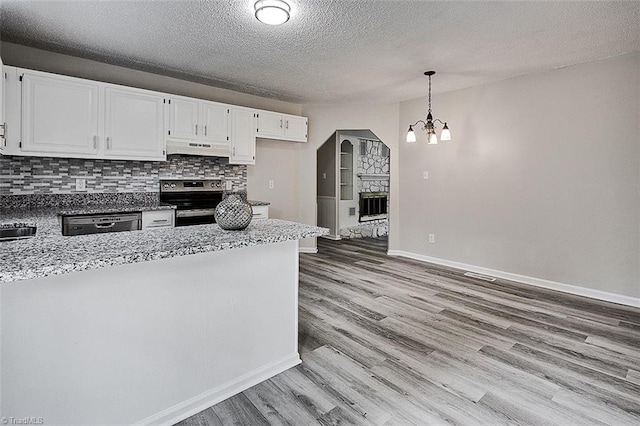 5948 Muddy Creek Rd, Archdale, NC 27263 - kitchen with under cabinet range hood, electric range, light wood-style floors, white cabinets, and a textured ceiling