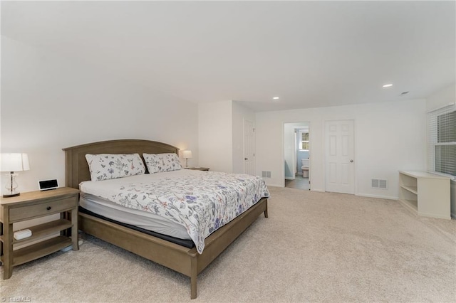 bedroom featuring baseboards, visible vents, carpet flooring, and recessed lighting