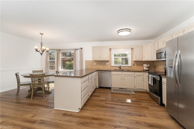 kitchen with dark wood-style floors, stainless steel appliances, a peninsula, and backsplash