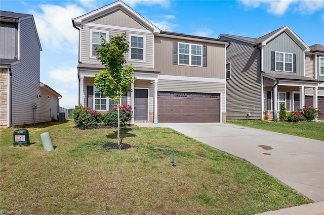 635 Cam Cir, High Point, NC 27265 - view of front facade with driveway, a garage, a front lawn, and central AC unit