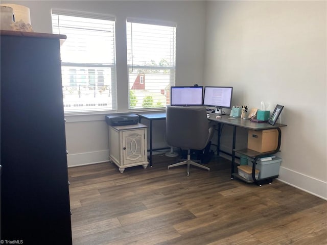 office with dark hardwood / wood-style floors