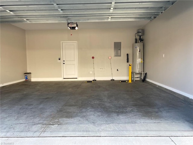 garage with a garage door opener, water heater, and electric panel