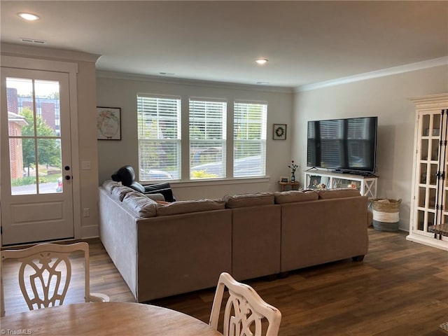 living room with ornamental molding and dark wood-type flooring