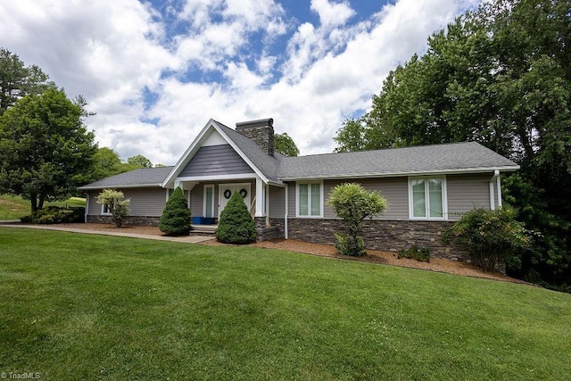 123 Greenbriar St, Mount Airy, NC 27030 - view of front of property with a chimney, a front lawn, and stone siding