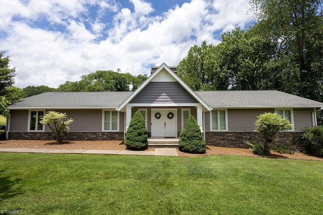 123 Greenbriar St, Mount Airy, NC 27030 - ranch-style home featuring stone siding, a front yard, a chimney, and a shingled roof