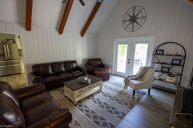123 Greenbriar St, Mount Airy, NC 27030 - living room featuring wood finished floors, beam ceiling, french doors, wood walls, and high vaulted ceiling