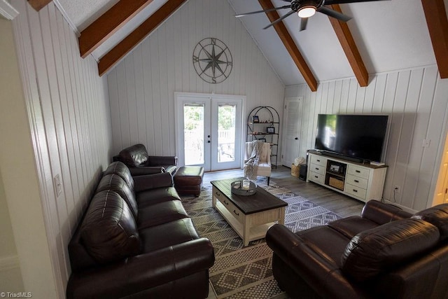 123 Greenbriar St, Mount Airy, NC 27030 - living room featuring wood finished floors, french doors, wooden walls, and a ceiling fan