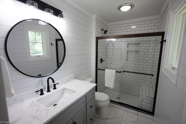 123 Greenbriar St, Mount Airy, NC 27030 - full bath featuring ornamental molding, marble finish floors, vanity, and a shower stall