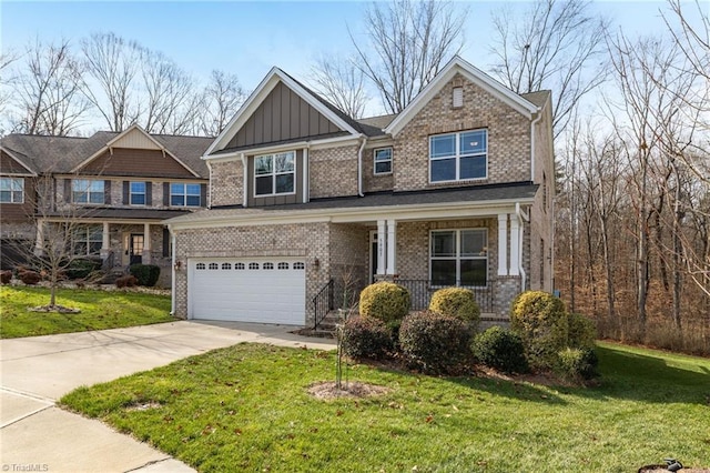 craftsman-style house featuring a garage and a front lawn