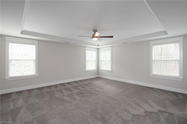 carpeted spare room featuring a tray ceiling and ceiling fan